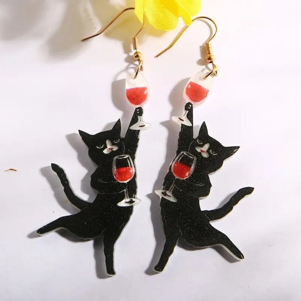 Black Cat Earrings With Wine Glass Design - Fun & Quirky Acrylic Jewelry For Cat